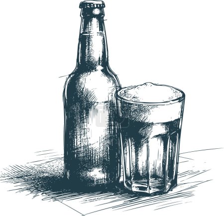 Téléchargez les illustrations : Dessin vectoriel monochrome d'une bouteille de bière avec un verre plein à proximité - en licence libre de droit
