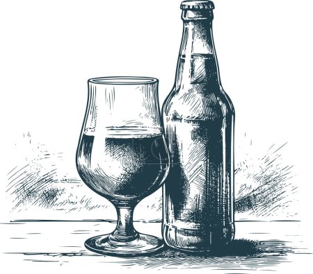 Téléchargez les illustrations : Oeuvre vectorielle monochrome d'une bouteille de bière avec un verre plein debout par - en licence libre de droit