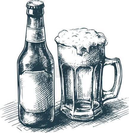 Téléchargez les illustrations : Gravure vectorielle noire et blanche d'un verre à bière plein à côté de sa bouteille - en licence libre de droit