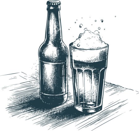 Téléchargez les illustrations : Gravure vectorielle monochrome d'un verre à bière plein à côté d'une bouteille - en licence libre de droit