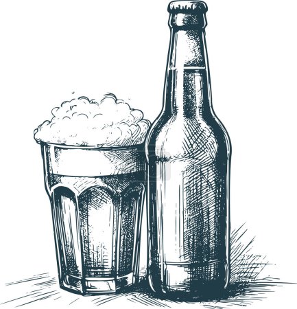 Téléchargez les illustrations : Une bouteille de bière avec un verre plein illustré en gravure vectorielle monochrome - en licence libre de droit