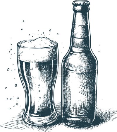 Téléchargez les illustrations : Croquis vectoriel monochrome d'un verre à bière plein à côté de la bouteille - en licence libre de droit