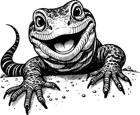 a cheerful lizard peeks out from behind a hill vector sketch drawing