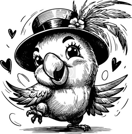 cheerful dancing parrot in a hat with feathers vector sketch drawing