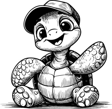 a satisfied turtle in a cap sits and waves its flipper vector monochrome drawing