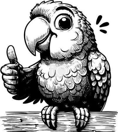 a satisfied parrot sits on a branch and shows a thumbs up vector monochrome drawing