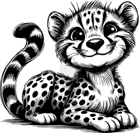 smiling cheetah lying with his tail and head raised vector drawing