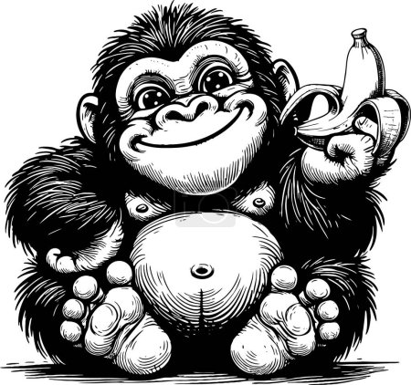 Lächelnder Gorilla sitzt und hält eine Banane in der Hand