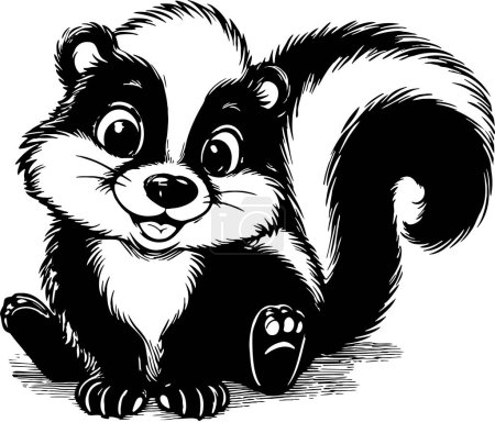 skunk sitting with tail raised vector drawing black on white background