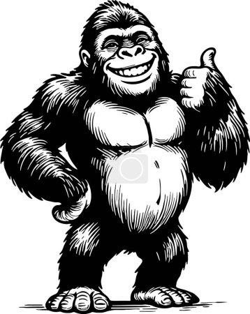 Téléchargez les illustrations : Souriant gorille stands et montre pouces jusqu'à vecteur monochrome dessin - en licence libre de droit