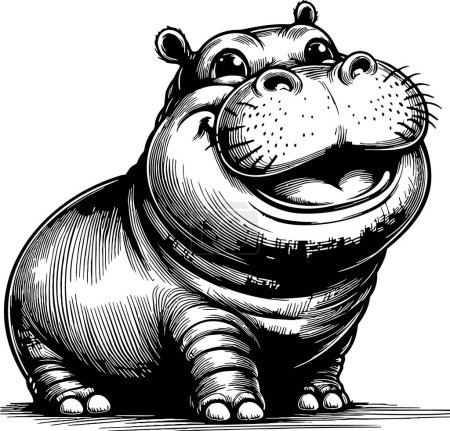 hippo standing and smiling vector monochrome drawing