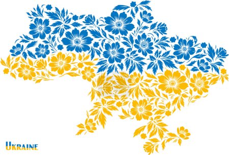 Stilisierte Karte der Ukraine mit gelben und blauen Blumen Vektorzeichnung