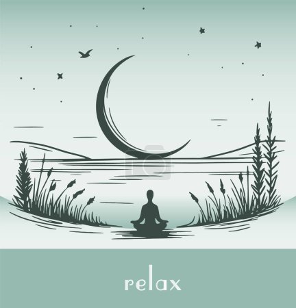 meditate at night under the moon on the lake shore vector drawing