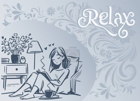 Mädchen entspannt zu Hause auf dem Boden sitzend mit einem Buch und einer Tasse heißem Tee Vektor Hintergrundbild