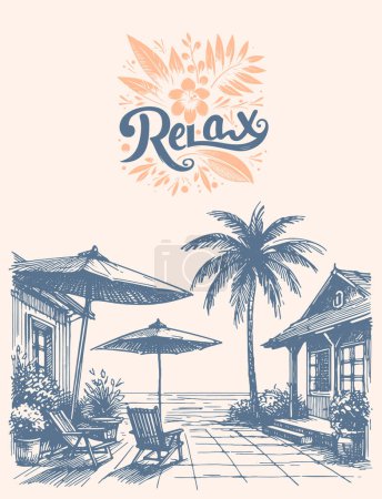 resort vacation in a sun lounger under an umbrella on the seashore vector sketch background drawing