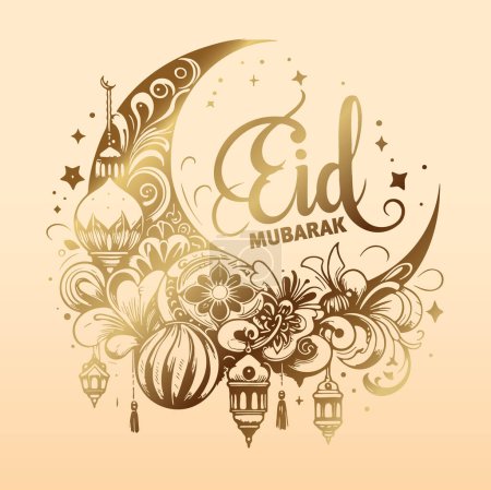 Téléchargez les illustrations : Dessin au pochoir vectoriel en or pour carte de vœux Eid Moubarak - en licence libre de droit
