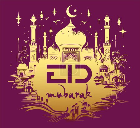 Téléchargez les illustrations : Pochoir vectoriel en or pour une carte Eid Moubarak - en licence libre de droit