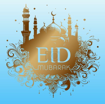 Téléchargez les illustrations : Carte de voeux Eid Moubarak avec une illustration vectorielle au pochoir en or - en licence libre de droit