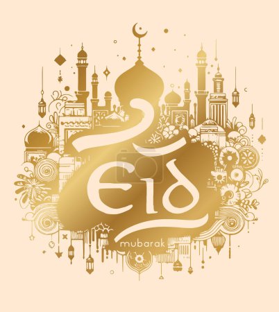 Ilustración de Tarjeta de felicitación Eid Mubarak con un diseño de plantilla vectorial en oro - Imagen libre de derechos
