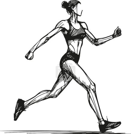 Monochrome sketch illustration of a woman runner on a white background