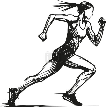 Monochrome Skizze einer Läuferin auf weißem Hintergrund