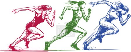 Téléchargez les illustrations : Athlètes féminines en course à pied qui est plus rapide dans un dessin croquis simple en noir sur fond blanc - en licence libre de droit