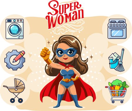 super woman who does a lot of different jobs color vector drawing with icons