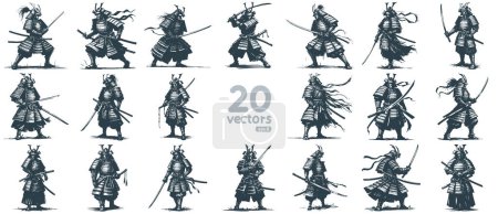 medieval Japanese warrior in armor with a sword collection of monochrome vector drawings
