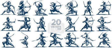 warriors of the past in fighting stances collection of monochrome vector drawings
