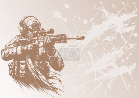 Sketch vector depiction of a soldier holding a rifle with a scope in the backdrop for document use