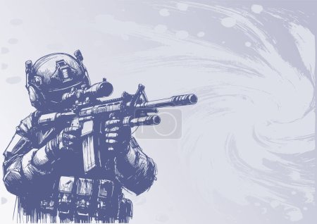 Sketch vector illustration of a modern soldier with a scoped rifle background for document purposes