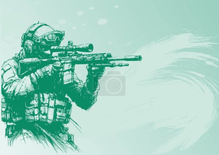 Illustration for Vector sketch depicting a soldier with a rifle scope in the backdrop, suitable for document use - Royalty Free Image