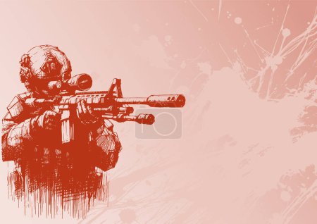 Illustration for Sketch vector illustration featuring a modern soldier with a rifle scope in the background for documentation - Royalty Free Image