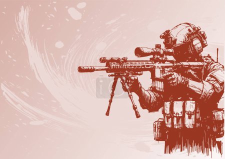 Vector sketch of a contemporary soldier aiming with a scoped rifle in the background for documentation