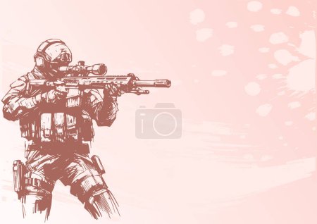Vector sketch of a contemporary soldier holding a rifle with a scope in the backdrop for documents