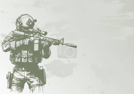 Illustration for Illustration in vector sketch style showing a modern soldier with a rifle scope in the background for documents - Royalty Free Image
