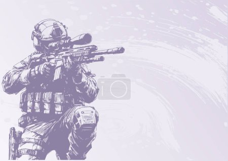 Illustration in vector sketch style of a modern soldier aiming with a scoped rifle in the background for documentation