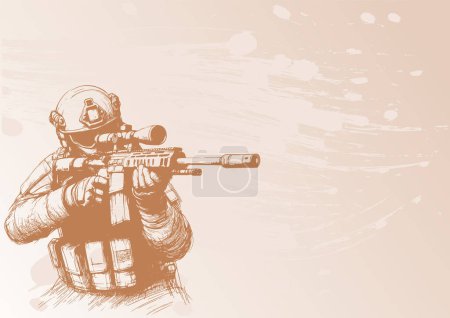 Illustration for Modern soldier with a scoped rifle background vector illustration sketch for document - Royalty Free Image
