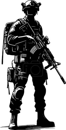 Téléchargez les illustrations : Un soldat moderne dans un casque et une mitrailleuse dans ses mains se tient dessin au pochoir vectoriel - en licence libre de droit