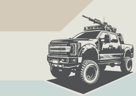 a large modern pickup truck with a machine gun on the back as a mobile group for fighting drones vector drawing on the background