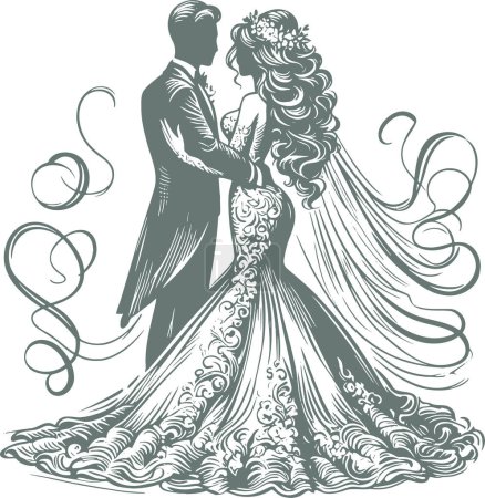 a man in a tailcoat a woman in a lush wedding dress with patterns at her wedding vector drawing
