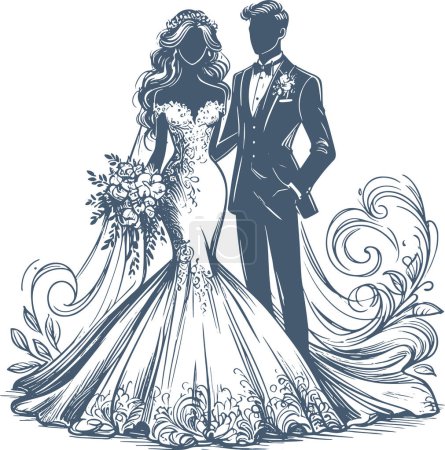 un homme en costume et une femme en robe de mariée moulante avec un bouquet de fleurs à la main dessin vectoriel