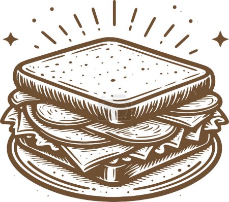 a sandwich with cheese and ham lies on a plate in a vector monochrome drawing