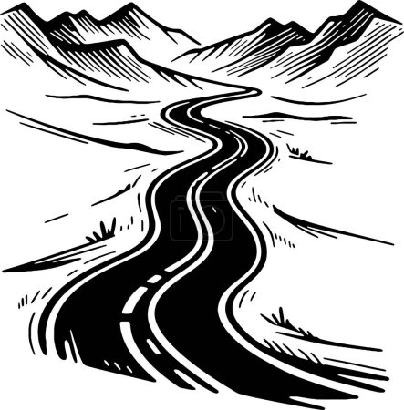 a simple drawing of a winding road leading to a mountain range in a vector stencil
