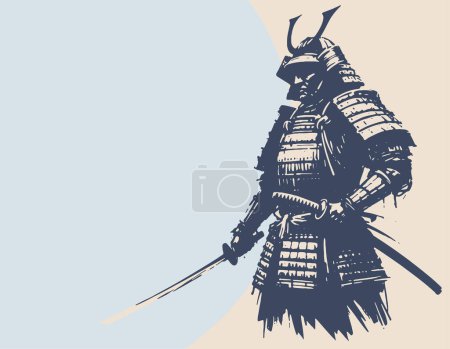an ancient Japanese warrior in armor with a sword in a vector stencil drawing on a light background