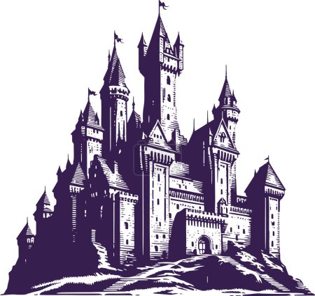 Téléchargez les illustrations : Ancien château en pierres en gravure au pochoir vectoriel - en licence libre de droit