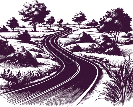 an asphalt empty road with wave markings goes to the horizon through a meadow with sparse trees and bushes vector monochrome drawing