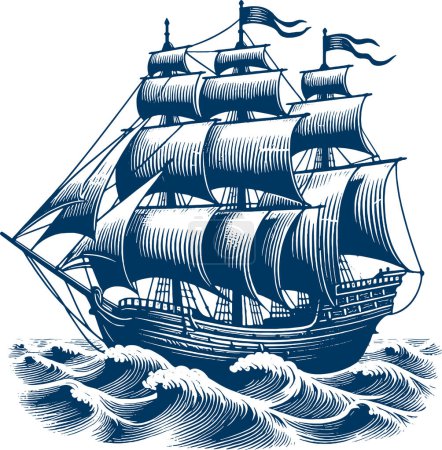 Ancient wooden sailboat cruising on waves vector crosshatch depiction