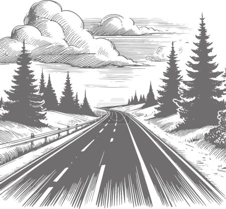 automobile highway going through a coniferous forest to the horizon in a vector monochrome drawing