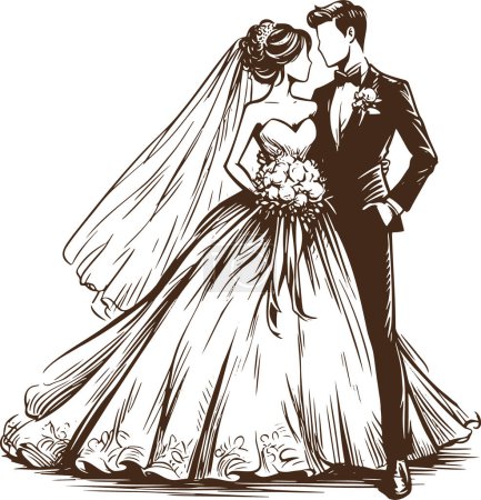 mariée et marié en tenues à leur dessin vectoriel de mariage